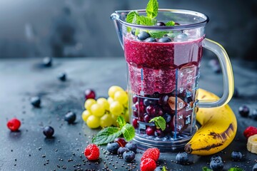 A pitcher of berry and banana smoothie on the table - obrazy, fototapety, plakaty
