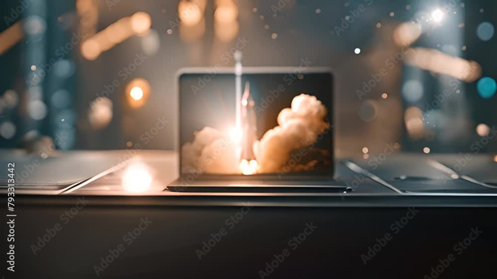 Poster laptop screen showing rocket launch generative ai