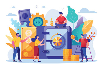 Fototapeta na wymiar Several individuals gathered around a secure safe in a room and engaged in discussions, the people are working in the safe of money, Simple and minimalist flat Vector Illustration