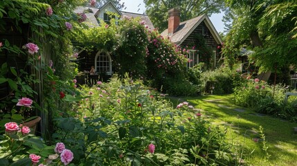 Fototapeta na wymiar picturesque cottage garden overflowing with cottage garden overflowing with blooming perennials and climbing vines, evoking a sense of nostalgia and charm.