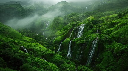 picturesque countryside scene with verdant hillsides and cascading waterfalls, rejuvenated by the life-giving rains of the wet season. - obrazy, fototapety, plakaty