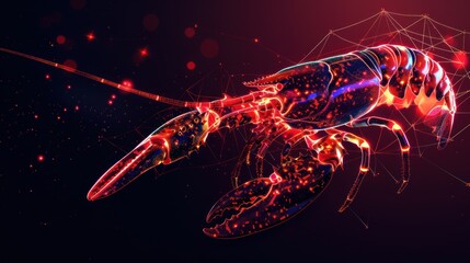 Lobster, omar from futuristic polygonal red lines and glowing stars for banner, poster, greeting card. AI generated - obrazy, fototapety, plakaty