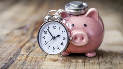 Fototapeta na wymiar piggy bank with a stopwatch, illustrating the importance of time and consistency in building savings and achieving financial goals over the long term.