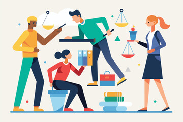 A group of individuals standing closely around each other, engaging in conversation or collaboration, the people are working on the rules, Simple and minimalist flat Vector Illustration