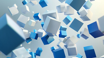 The centerpiece is a large, white 3D cube that commands attention. Surrounding this central cube are smaller cubes, both white and blue, creating an explosive and dynamic effect