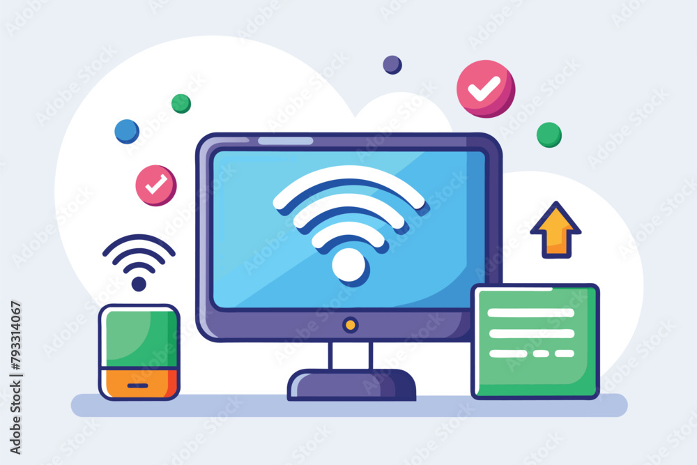 Poster computer screen with wifi symbol, indicating connection to wifi network, the process of updating a c