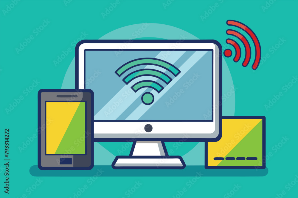 Poster a computer, phone, and wifi symbol displayed on a blue background, there is no network signal on the