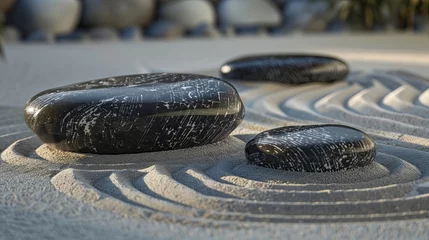 Foto op Aluminium Envision a serene Zen garden adorned with carefully arranged stones and raked sand patterns, evoking tranquility and balance.  © Marry
