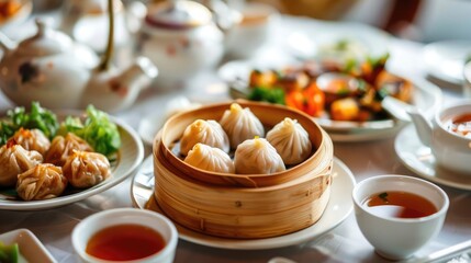 sumptuous plate of Chinese dim sum, featuring delicate dumplings filled with savory meats and vegetables, served with steaming cups of fragrant tea.