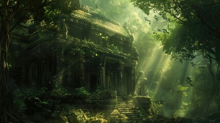 Sunlight filtering through the canopy of trees, casting dappled shadows on the ancient ruins of a temple, a testament to the passage of time.