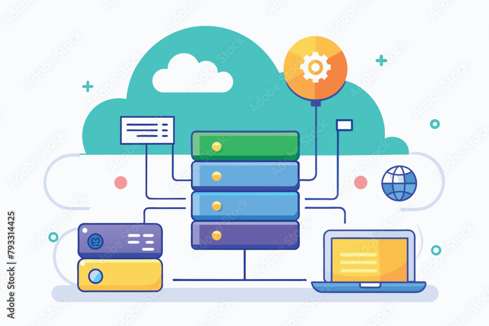 Poster a stack of books placed on a table next to a laptop, the system automatically backs up data with the