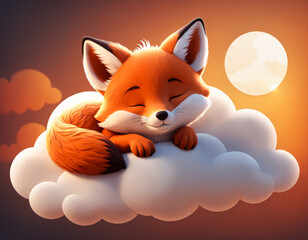 Naklejka premium Lovely little fox snoozes on a cloud, bathed in the golden light of sunset, exuding a delightful and peaceful aura. Generative AI