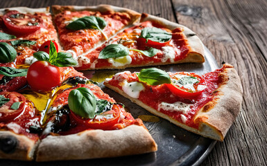 An exquisite italian pizza on rustic wooden table