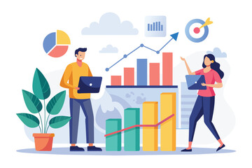 A man and a woman are standing in front of a laptop, engaged in work or conversation, the team analyzed the growth charts trending, Simple and minimalist flat Vector Illustration