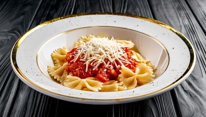 Grated parmesan cheese and tomato sauce on pasta farfalle in a white porcelain plate,black wooden table.