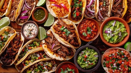 vibrant assortment of Mexican tacos, piled high with tender carnitas, tangy salsa, and zesty guacamole, capturing the bold flavors of Mexican street cuisine.