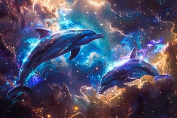 dolphins, group, fantasy, beauty
