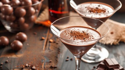 Decadent Chocolate Mousse Martini. An elegant martini glass filled with silky chocolate mousse,...