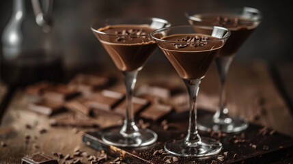 Decadent Chocolate Mousse Martini. An elegant martini glass filled with silky chocolate mousse, swirled with a rich chocolate design, poised to indulge the most refined dessert cravings