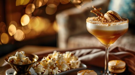 Salted Caramel Martini Delight. A decadent salted caramel martini, complete with a sugary rim and cookie garnish, paired with gourmet popcorn and macarons for a cozy, indulgent evening