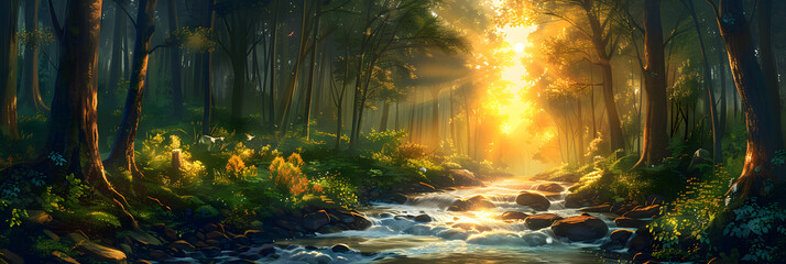 Green forest and forest stream at sunset, a serene and natural landscape - obrazy, fototapety, plakaty