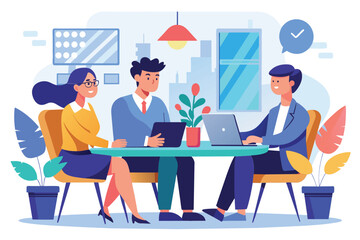 Three People Sitting at a Table With a Laptop, three people had a business meeting at the office, Simple and minimalist flat Vector Illustration - obrazy, fototapety, plakaty