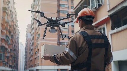 drone operator controlling a delivery drone remotely, navigating it through urban airspace with ease