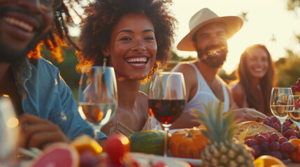 A cheerful group of friends enjoying a dinner party outdoors with glasses of wine and a spread of fresh foods at golden hour. - Powered by Adobe