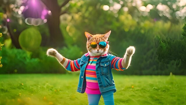 Stylish Cat Wearing Sunglasses and Jean Jacket in Grass Generative AI