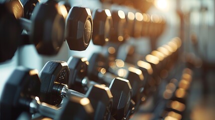 Gym interior background of dumbbells on rack in fitness and workout room - obrazy, fototapety, plakaty