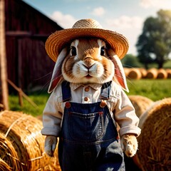 Cute anthropomorphic  bunny rabbit farmer with straw hat, cartoon concept