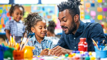 Male teacher assisting a young student with craft, embodying the spirit of teachers day