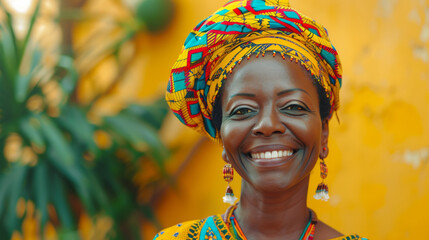 Smiling African woman in vibrant traditional attire with headwrap against a yellow background.