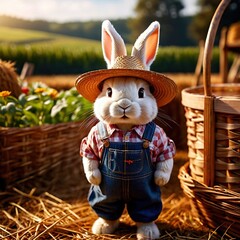 Cute anthropomorphic  bunny rabbit farmer with straw hat, cartoon concept