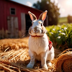 Cute anthropomorphic  bunny rabbit farmer with straw hat, cartoon concept