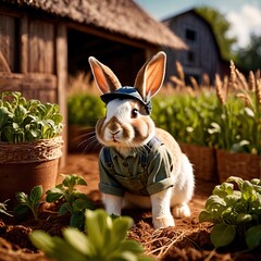 Cute anthropomorphic  bunny rabbit farmer with straw hat, cartoon concept