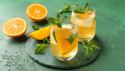 Delicious and refreshing cocktail with orange and mint on green background