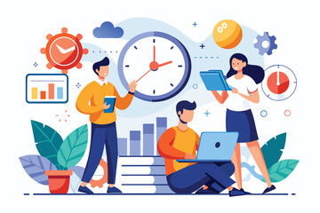 People gathered around a clock, discussing time management and data analysis, Time management with people, clocks and data analysts trending, Simple and minimalist flat Vector Illustration