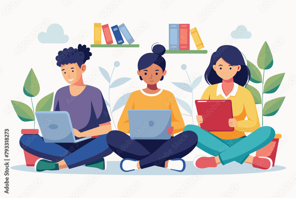 Poster three individuals seated on the ground using laptops for studying or work, time to learn, students a