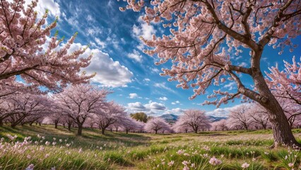 Fototapeta premium A cherry blossom tree field with a blue sky and white clouds in the background.
