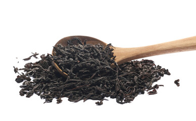 Dry leaves Oolong tea in wooden spoon, Camellia sinensis, dark green teas isolated on white, side...