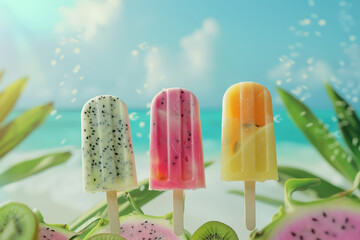 tropical fruit popsicles with dragon fruit, watermelon, and mango flavors on a beach background