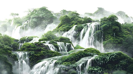 Cascading waterfalls in a lush green place