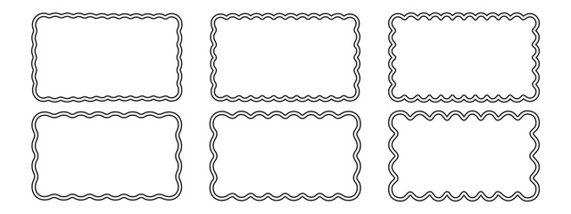 Set of rectangle frames with double wavy borders. Wiggly rectangular shapes. Empty text boxes, tags, headlines or web banner templates with scalloped edges. Vector graphic illustration.