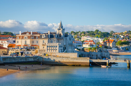 Beautiful coast of old  town Cascais, Portugal, at sunset in summer day