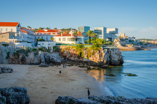 Beautiful coast of old  town Cascais, Portugal, at sunset in summer day