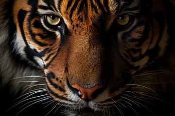 High-detail close-up of a fierce tiger's face, highlighting its piercing eyes and stripes