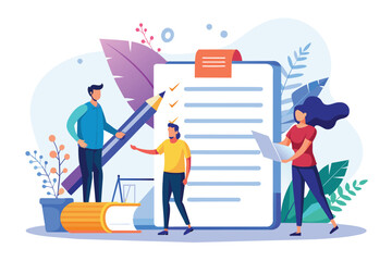 People Gathering Around Clipboard With Checklist, Tiny people sign a document, financial business agreement, web contract, Simple and minimalist flat Vector Illustration