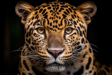 Naklejka premium Close-up of a jaguar's face with sharp focus on its captivating eyes against a dark background