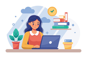Fototapeta premium A woman is seated at a desk, actively engaged with a laptop, Tiny woman learning online lesson via laptop, Simple and minimalist flat Vector Illustration